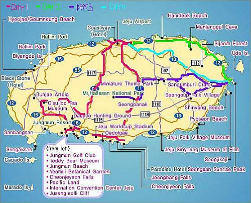 maps of japan and korea. Map of Jejudo and route taken